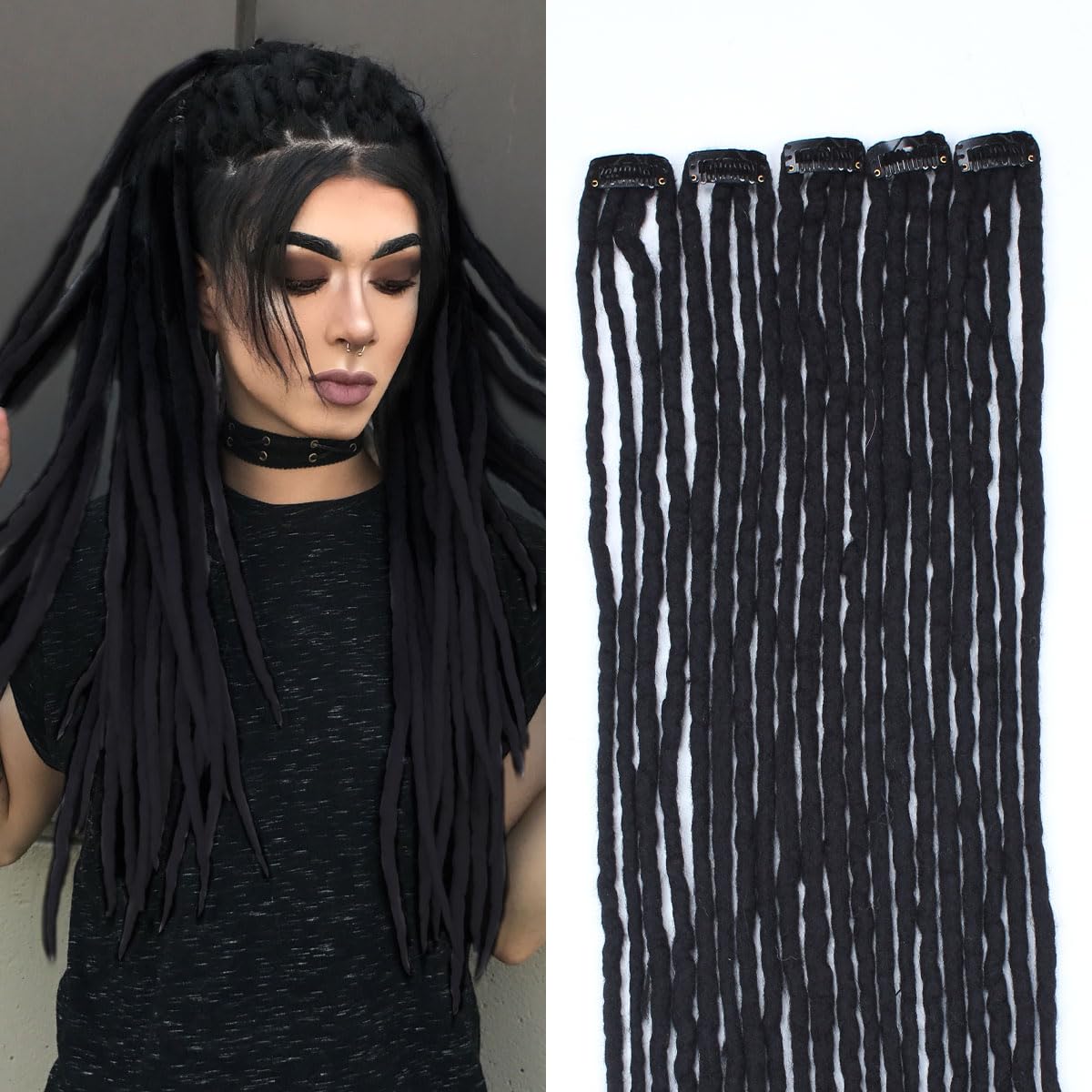 22 inch 5 Packs Clip in Wool Dreadlock Extensions, 20 Strands Viking Clip on Dreads Extensions for Woman, Handmade Soft Wool Dreadlocks