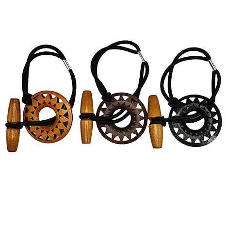 3 Pcs Wood Carving Toggle Hair Ties - Long Elastic Rubber Dreadlock Holders for Thick Curly Hair (Hallow Carving)