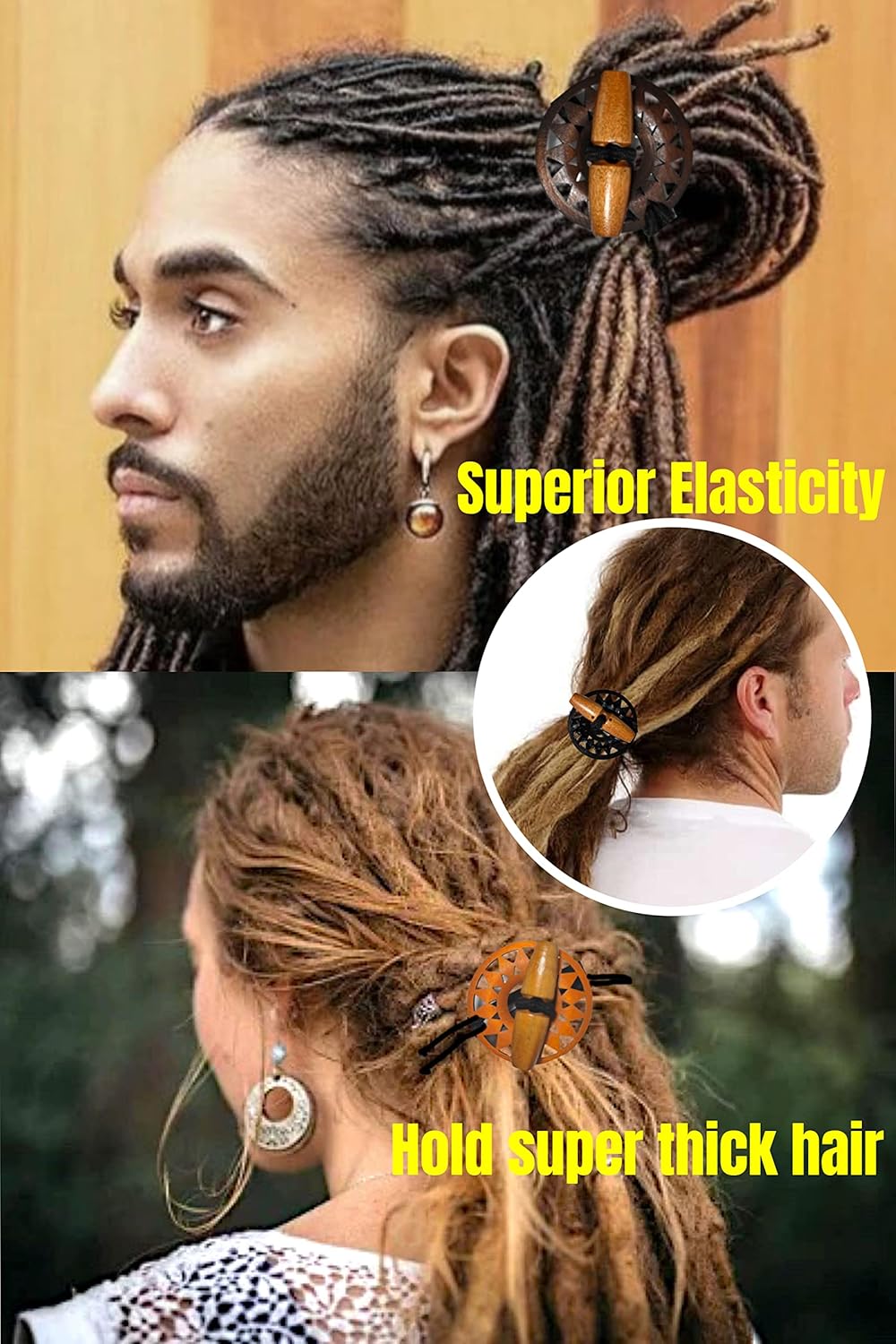 3 Pcs Wood Carving Toggle Hair Ties - Long Elastic Rubber Dreadlock Holders for Thick Curly Hair (Hallow Carving)