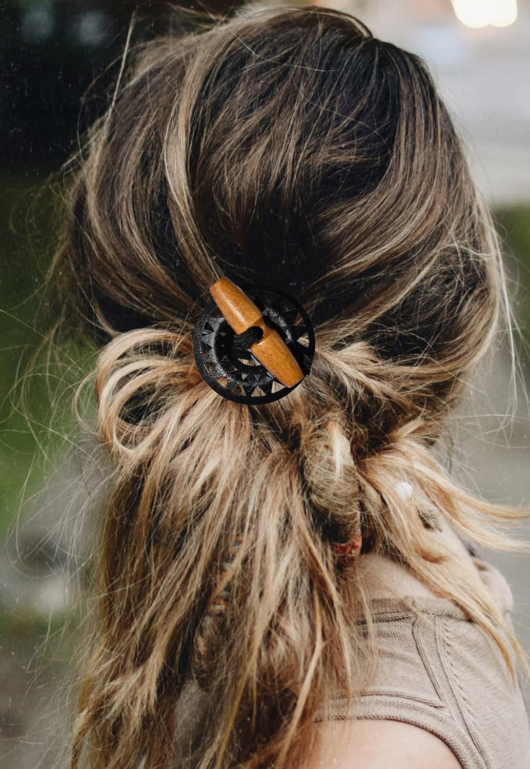 3 Pcs Wood Carving Toggle Hair Ties - Long Elastic Rubber Dreadlock Holders for Thick Curly Hair (Hallow Carving)