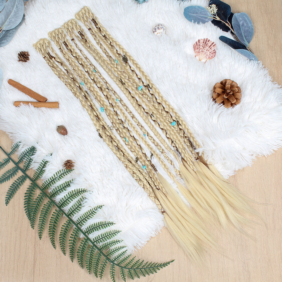 20" Boho Dreadlock Clip in Braids with Beads & Charms, Handmade Synthetic Braided Hairpieces for Cosplay Daily Styling