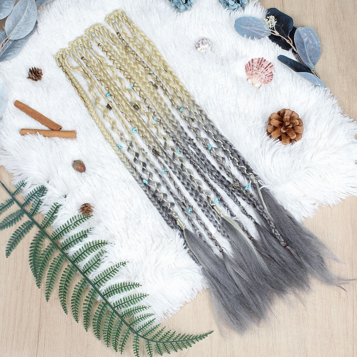 20" Boho Dreadlock Clip in Braids with Beads & Charms, Handmade Synthetic Braided Hairpieces for Cosplay Daily Styling