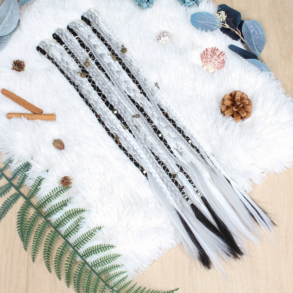 20" Boho Dreadlock Clip in Braids with Beads & Charms, Handmade Synthetic Braided Hairpieces for Cosplay Daily Styling