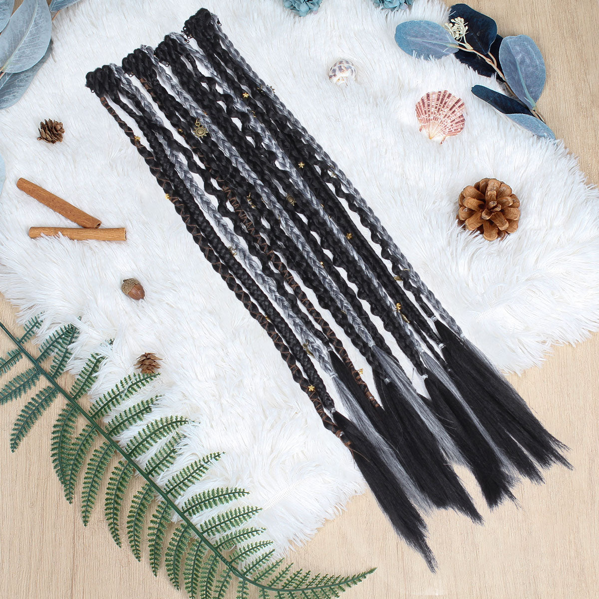 20" Boho Dreadlock Clip in Braids with Beads & Charms, Handmade Synthetic Braided Hairpieces for Cosplay Daily Styling
