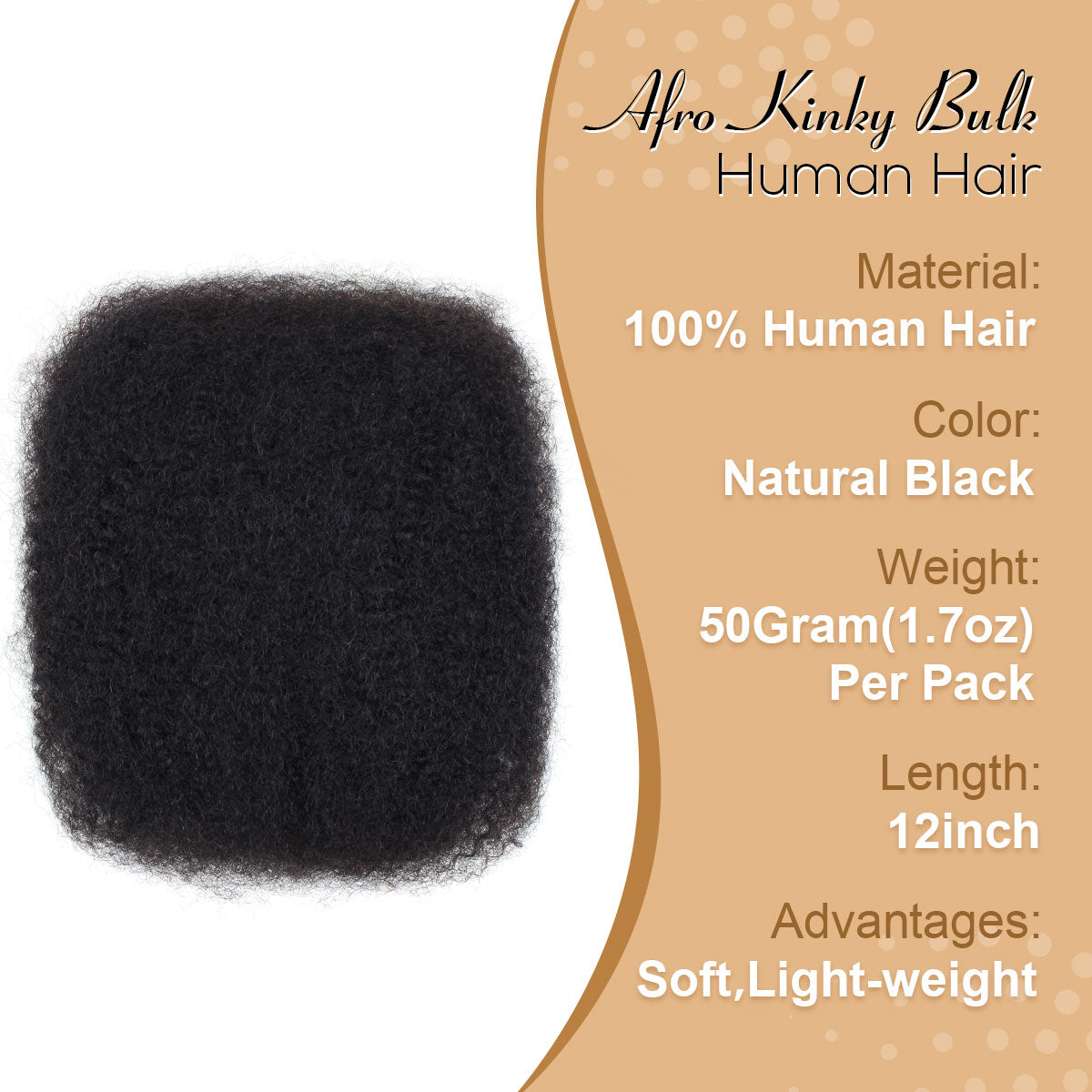 Afro Kinkys Bulk Human Hair 1 pack, 12 inch 4c Curly Hair for Permanent Sister Locs/Mini Twists/Braids/Repair Can Dye and Bleach(50 Gram)