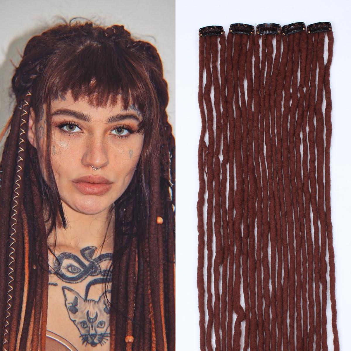 22 inch 5 Packs Clip in Wool Dreadlock Extensions, 20 Strands Viking Clip on Dreads Extensions for Woman, Handmade Soft Wool Dreadlocks