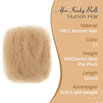 Afro Kinkys Bulk Human Hair 1 pack, 12 inch 4c Curly Hair for Permanent Sister Locs/Mini Twists/Braids/Repair Can Dye and Bleach(50 Gram)