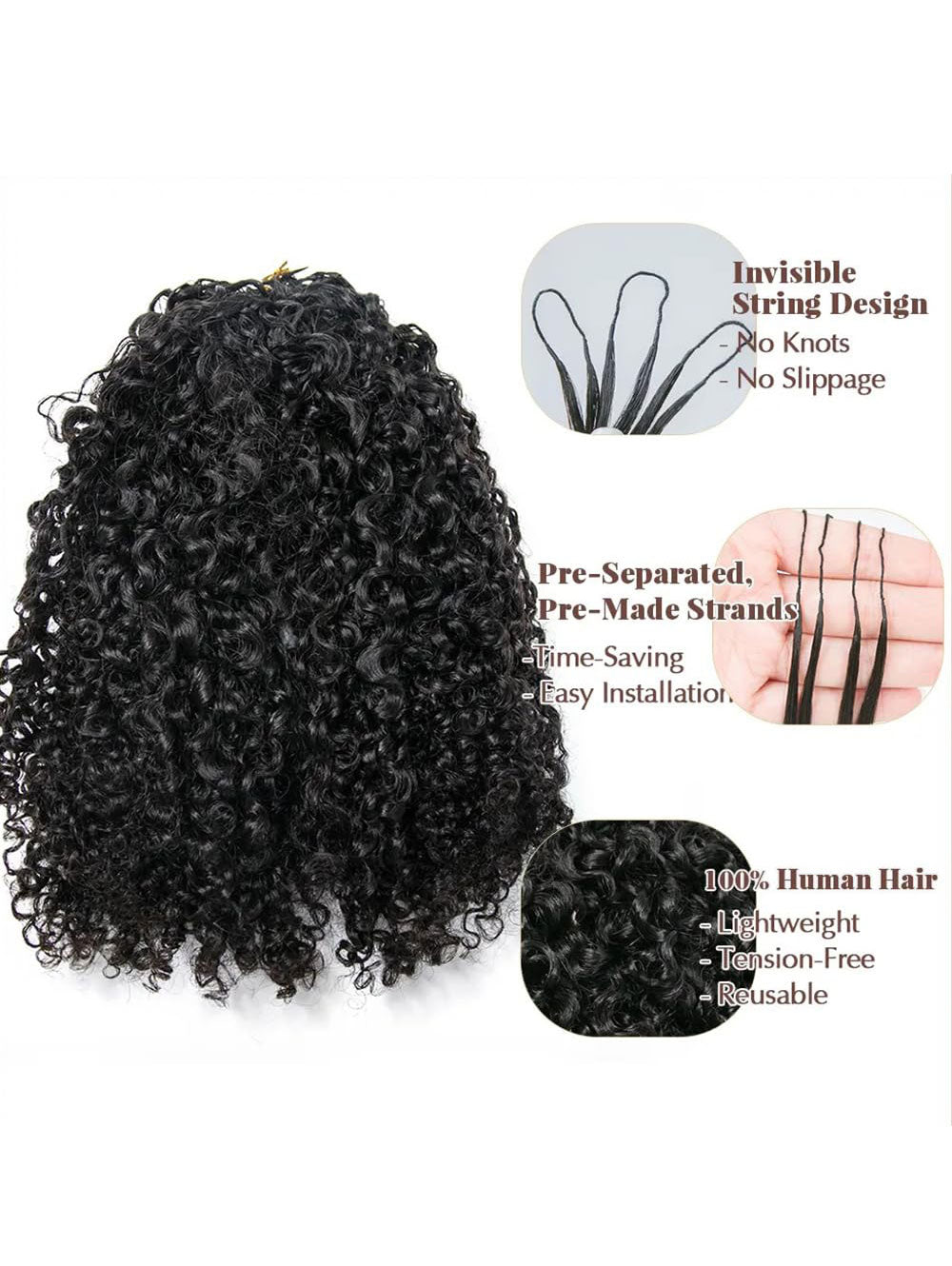 Kinky Curly Crochet Human Hair Extensions Pre-Separated Crochet Hair Multi-Textured Kinky Curly Reusable Micro Twists 18‘’ 60g (Usually 240g Full Head) Natural Black