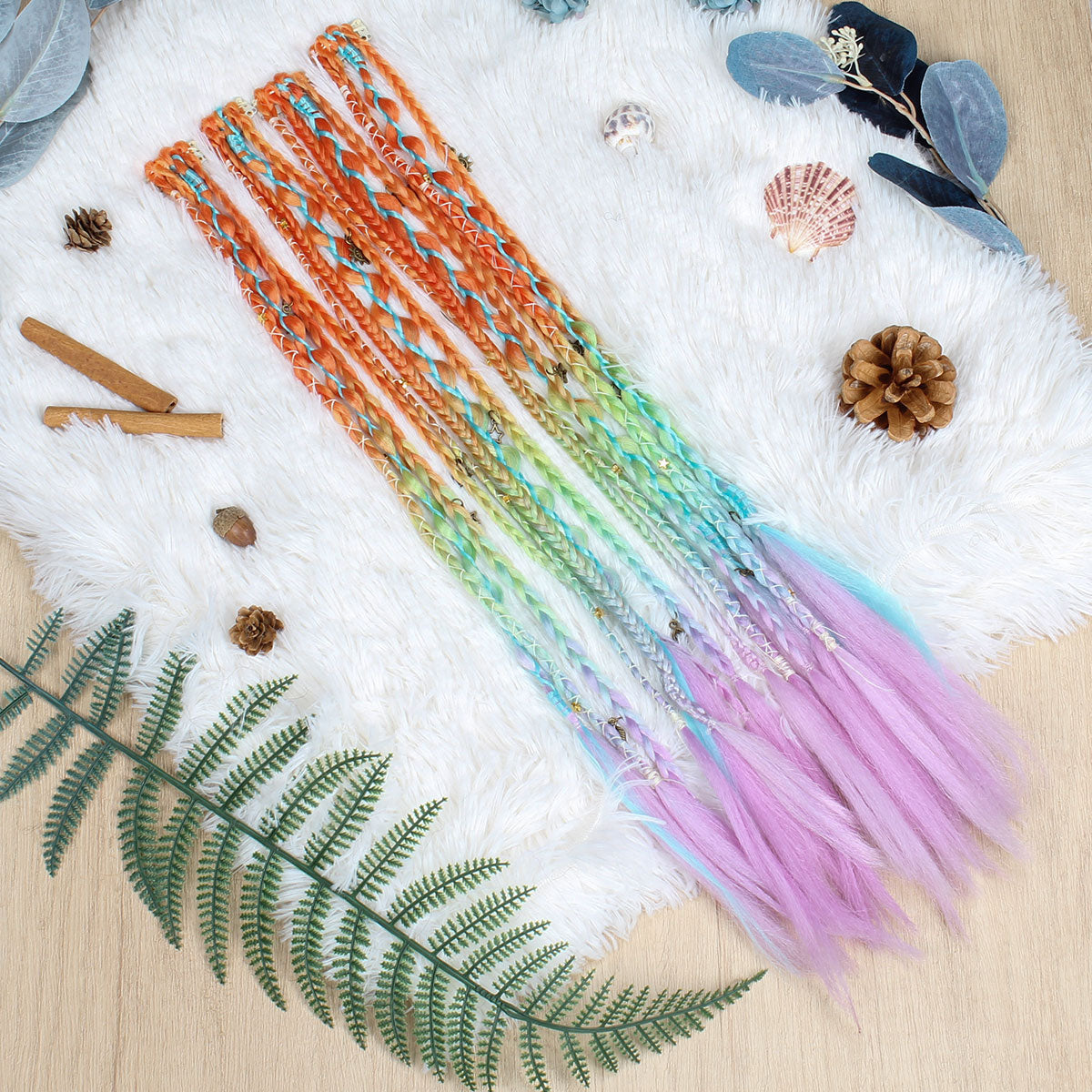 20" Boho Dreadlock Clip in Braids with Beads & Charms, Handmade Synthetic Braided Hairpieces for Cosplay Daily Styling