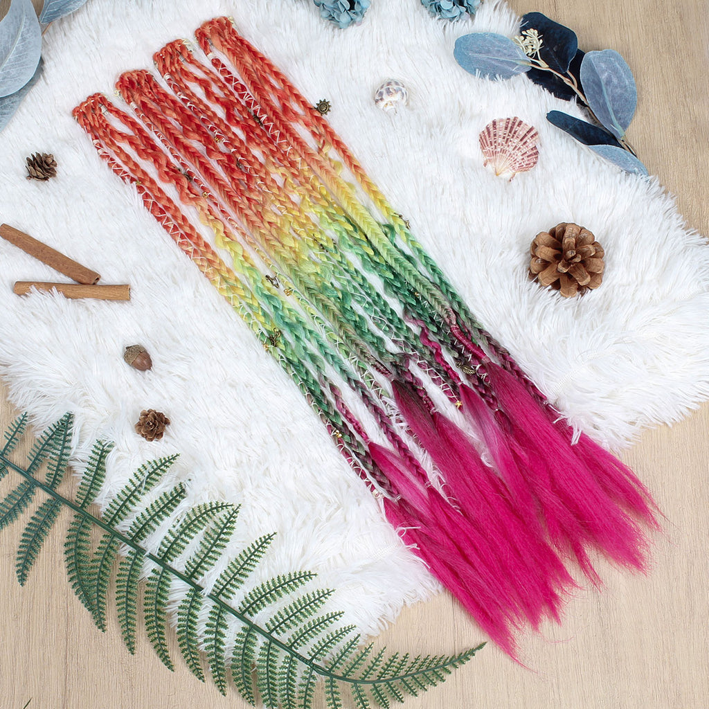 20" Boho Dreadlock Clip in Braids with Beads & Charms, Handmade Synthetic Braided Hairpieces for Cosplay Daily Styling