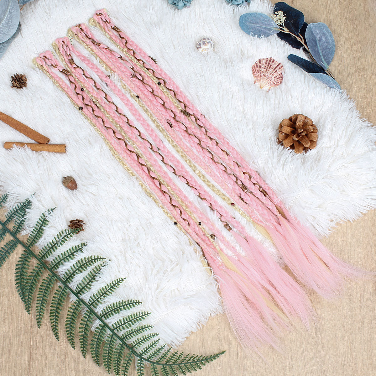 20" Boho Dreadlock Clip in Braids with Beads & Charms, Handmade Synthetic Braided Hairpieces for Cosplay Daily Styling