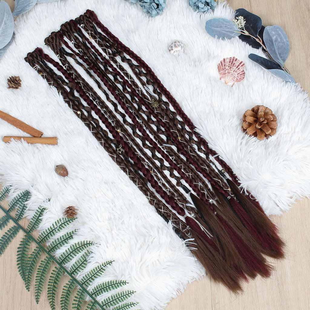 20" Boho Dreadlock Clip in Braids with Beads & Charms, Handmade Synthetic Braided Hairpieces for Cosplay Daily Styling