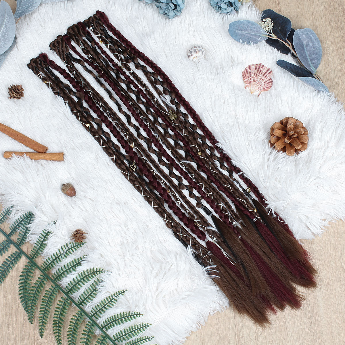 20" Boho Dreadlock Clip in Braids with Beads & Charms, Handmade Synthetic Braided Hairpieces for Cosplay Daily Styling