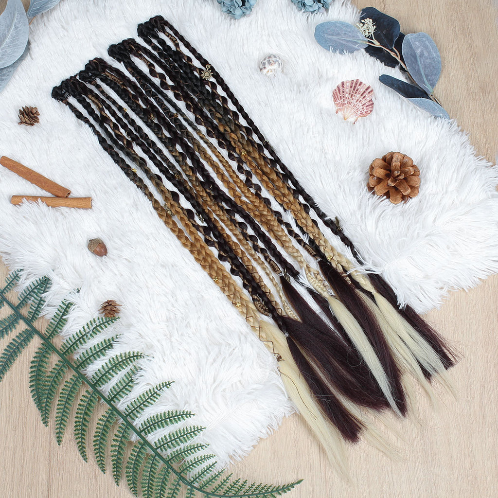 20" Boho Dreadlock Clip in Braids with Beads & Charms, Handmade Synthetic Braided Hairpieces for Cosplay Daily Styling