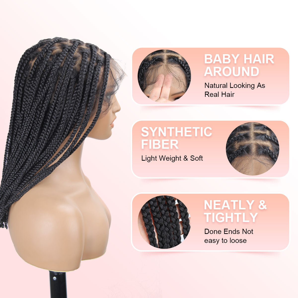 Natural Black Box Braided Wig 14" 360° HD Full Single-layer Lace Braid Wigs for Black Women, Square Knotless Box Braid Wig with Baby Hair