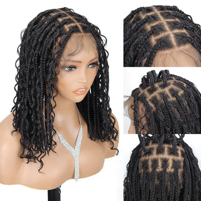 Short Boho Braided Wigs, 12 inch 360° Full Single-layer HD Lace Braid Wigs for Black Women, Square Knotless Box Braid Wig with Baby Hair