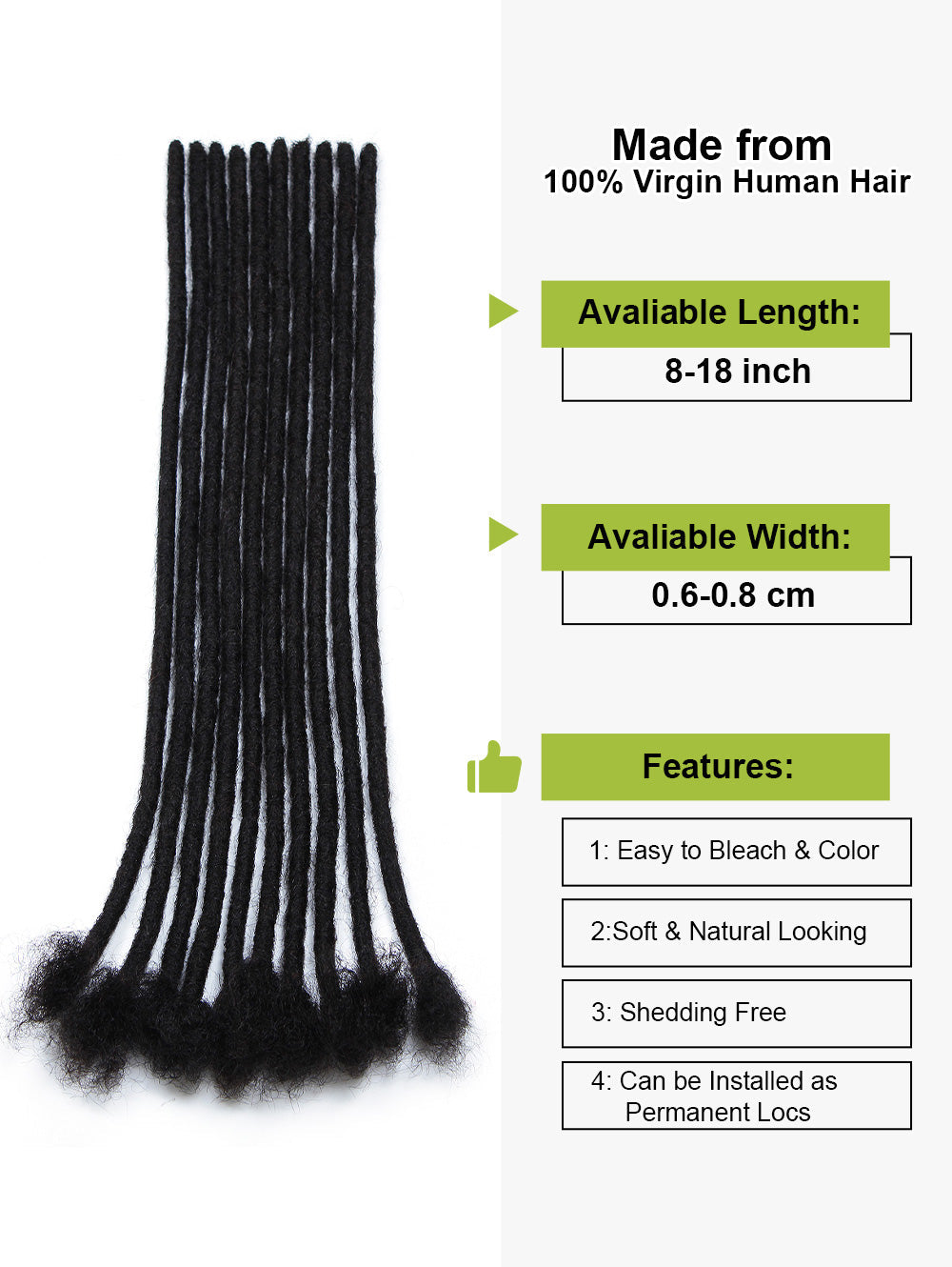 8 inch Human Hair Dreadlock Extensions 0.4cm Pencil Width Loc Extensions for Man/Women