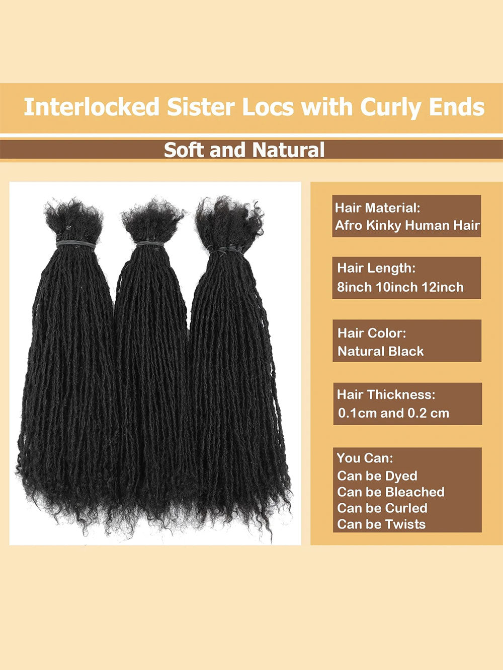 8-12 Inch Sister locs Human Hair, Handmade Interlock Locs Curly Tips Sister Locs Real Human Hair Microlocs Extensions, Permanent Dreadlock Extensions