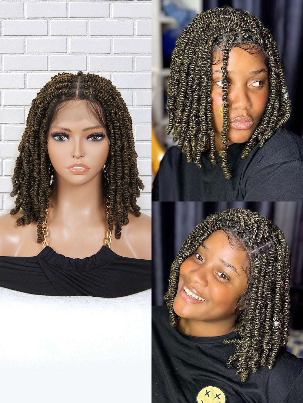 12" Pre-Twisted Spring Twists Braided Wigs, #1B Square Based Full Lace Knotless Cornrow Braids Wig
