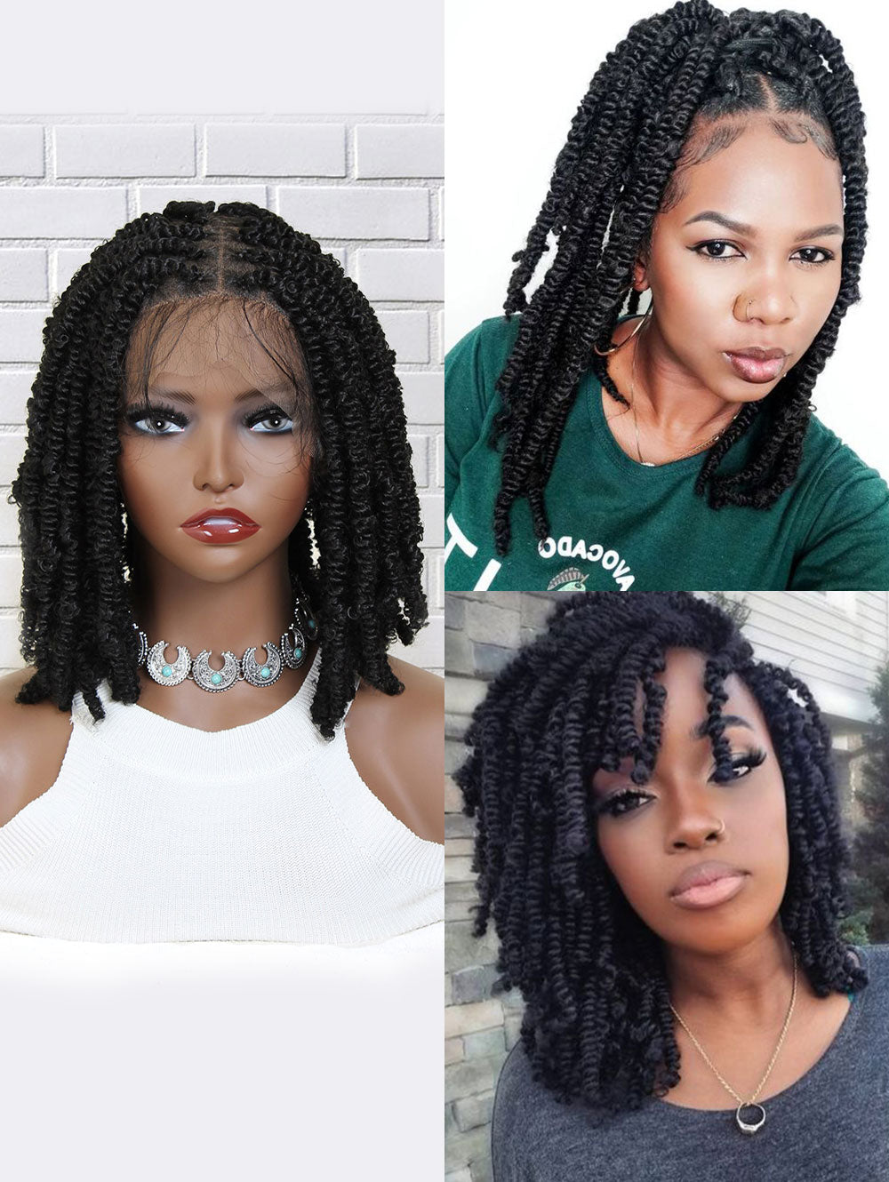 12" Pre-Twisted Spring Twists Braided Wigs, #1B Square Based Full Lace Knotless Cornrow Braids Wig