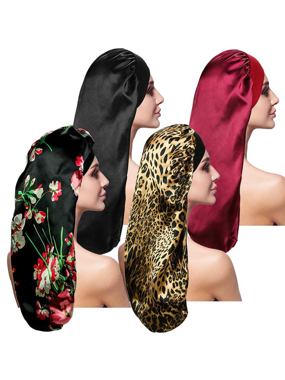 4 pcs Satin Sleep Cap for Long Hair and Dreadlock, Sleeping Bonnet for Women